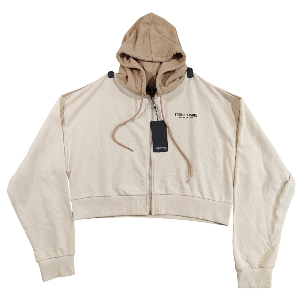 True Religion Cropped Zip Hoodie Women XL Travertine Fog Two-Tone 204508 NWT